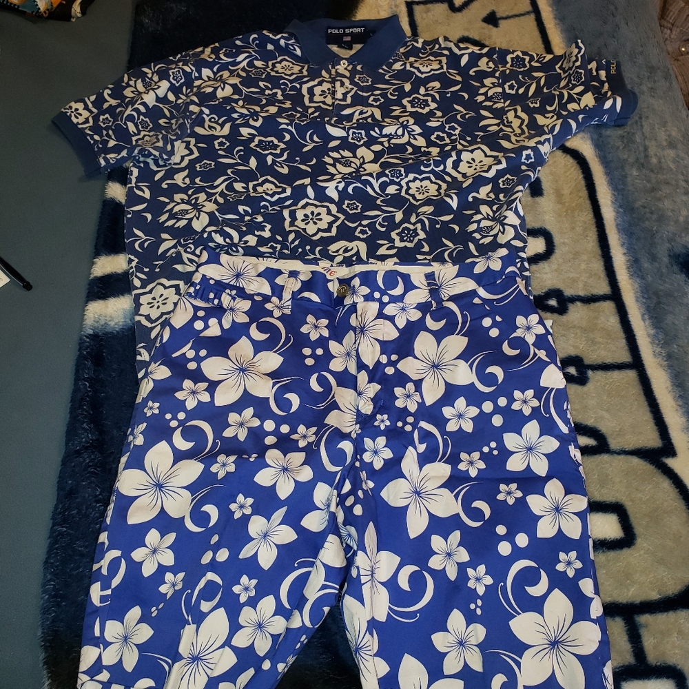 ROYAL & AWESOME HAWAIIAN SHORTS 34 AND POLO SPORT SHIRT L